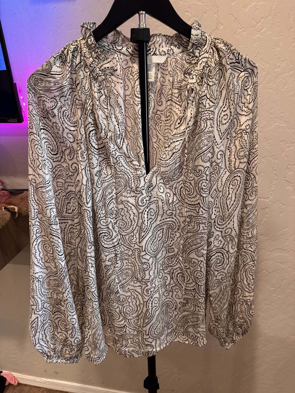 H&M Paisley Print Long Sleeve Frill-Trimmed Blouse Size Medium